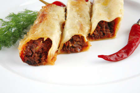 traditional italian cannelloni filled mince meat and pepperの写真素材