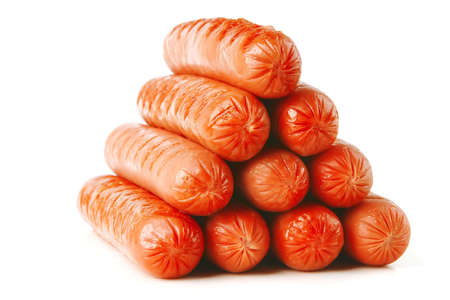 pyramide of grilled beef sausages over white backgroundの写真素材