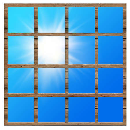image of wooden window with sun as backgroundの写真素材