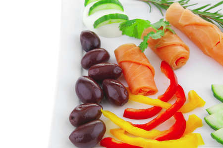 image of rolls smoked salmon with olivesの写真素材