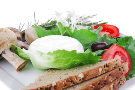 light white feta cheese and green lettuce on whiteの写真素材