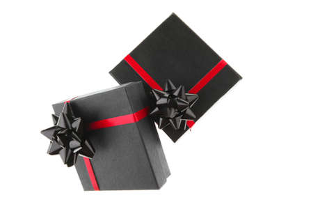 black present box with red type on white