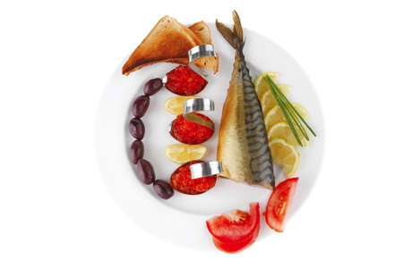 fish olives and red caviar on white plateの写真素材