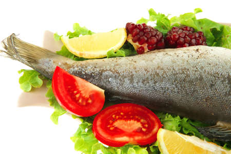 baked pink salmon served on plate with saladの写真素材