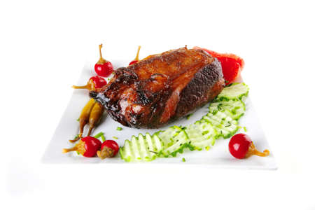 grilled meat and hot papper on whiteの写真素材