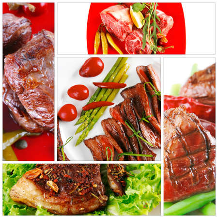 different meat lunches with vegetables on tablesの写真素材