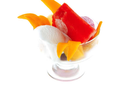 icecream and fruits in small cup on whiteの写真素材