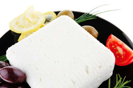 image of feta cheese and olives on blackの写真素材