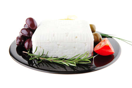 image of feta cheese and olives on blackの写真素材