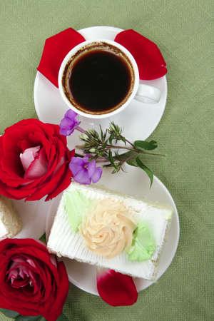 sweet breakfast : whipped cream on sweet cake with hot black coffeeの写真素材