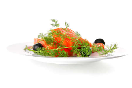 smoked pink salmon chunk with olives and fennelの写真素材