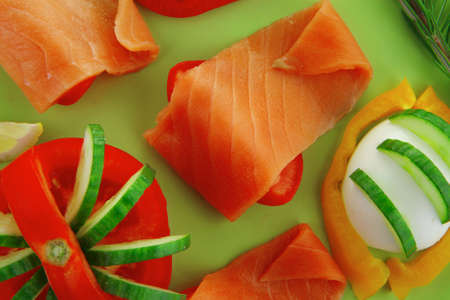 image of red smoked salmon and vegetablesの写真素材