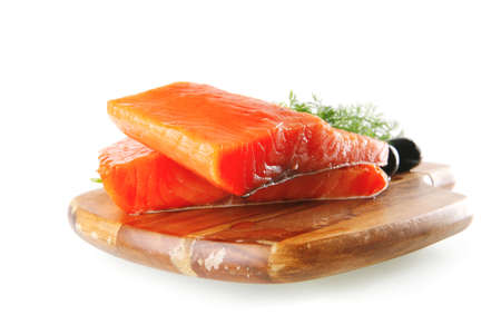 smoked pink salmon chunk with olives and white cheese