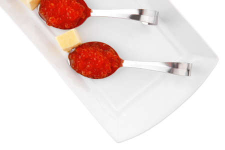 salted salmon red caviar on white plateの写真素材