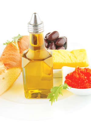 french baguette with red salmon caviar on plateの写真素材