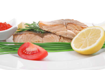 savory fish portion : norwegian salmon fillet pieces roasted with chinese onion, lemon, rosemary...
