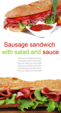 sandwich with smoked sausage on wooden plate over black backgroundのeditorial素材