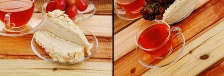 cake dessert and tea on wooden table