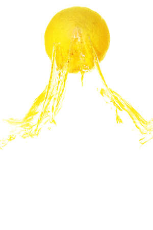 yellow lemon fall in real blue water splash isolated over white backgroundの写真素材