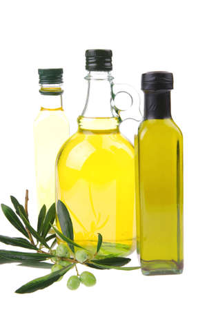 olive oil and olives on white backgroundの写真素材