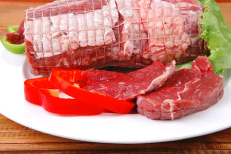 raw meat on plate over wooden table