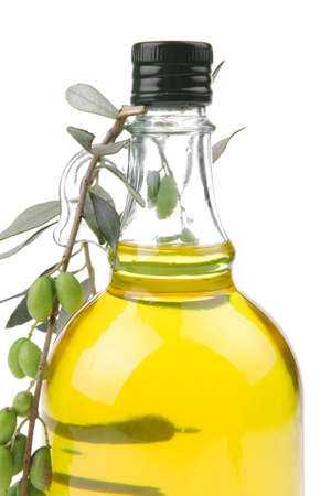 olive oil and olives on white backgroundの写真素材