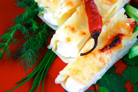 cannelloni in yellow cheese served with pepper and tomato