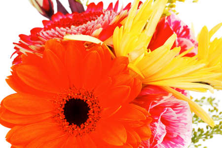 red and orange gerbera, tuberose and gold mums flowers bouquet isolated on a pure white backgroundの写真素材