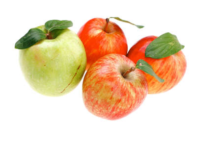 group of red and green fresh ripe apples isolated over white backgroundの写真素材