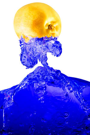 apple fall in real blue water splash isolated over white backgroundの写真素材