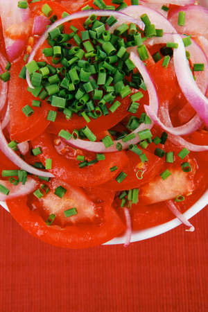 healthy appetizer : fresh tomato salad with onion and chives in white bowl over red clothの写真素材