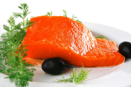 smoked pink salmon chunk with olives and fennelの写真素材