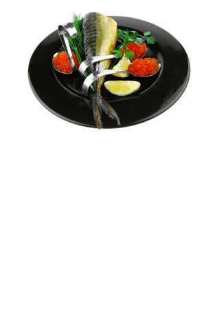image of smoked fish served with salmon red caviarの写真素材