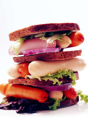 fresh beef meat sausage sandwich with green salad and tomatoes isolated on white backgroundの写真素材