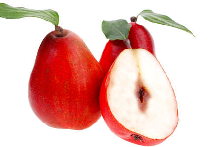 group of red pears with half isolated over white backgroundの写真素材