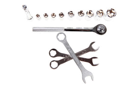set of tools: ratche handle with bush's adjustable wrench and spanners