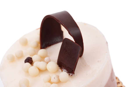 sweet pie layered chocolate milk cake with chocolate on top isolated over white background