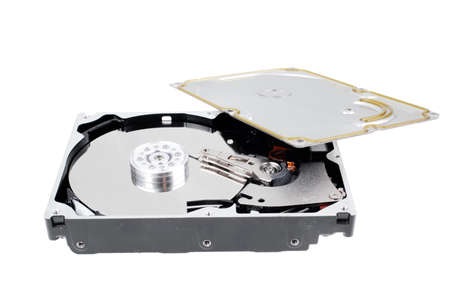 real open hard drive isolated on white ackground