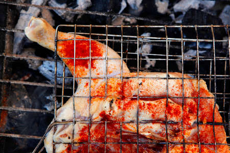 grilling spiced chicken in grid on charcoal bbq with tomatoes and vegetablesの写真素材
