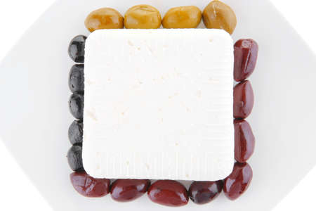 image of soft feta cube with rare olivesの写真素材