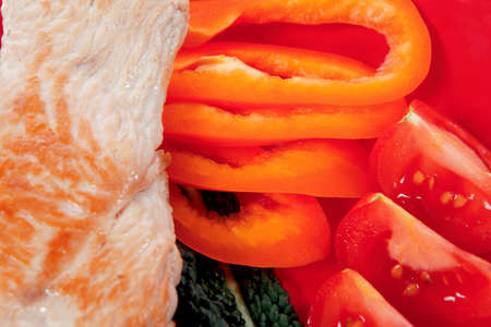 fresh grilled turkey meat fillet steak on red plate with tomatoes pepper green kale and lettuce salad isolated over white backgroundの写真素材