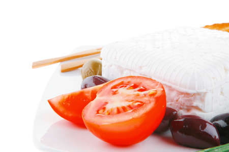 feta and olives with toast and tomatoesの写真素材