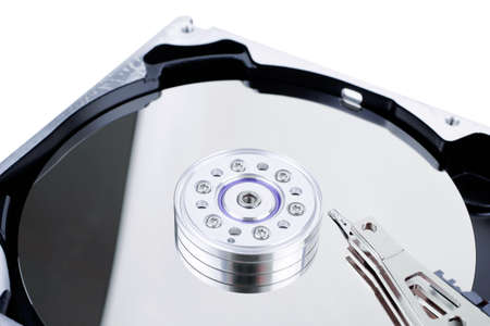 real open hard drive isolated on white ackground
