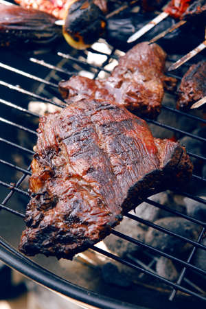 fresh raw beef fillet steak red meat with tomatoes and eggplant on skewers on big round barbecue brazier grid full with ready charcoalの写真素材