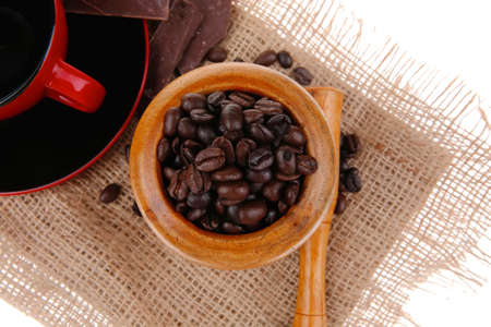 black coffe with dark chocolate and beansの写真素材