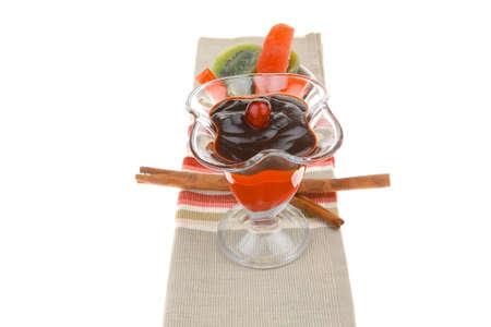 served ice cream with fruits over white