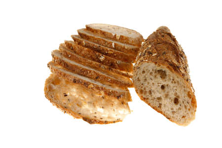 long french fresh rye baguette sliced isolated on white background