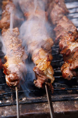 fresh raw beef fillet steak red meat and white chicken brisket on skewers barbecue brazier grid full burned charcoalの写真素材