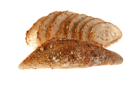 long french fresh rye baguette sliced isolated on white background