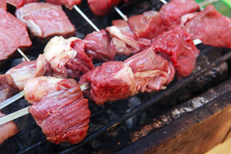 fresh raw turkey fillet steak red meat brisket on skewers barbecue brazier grid full burned charcoalの写真素材